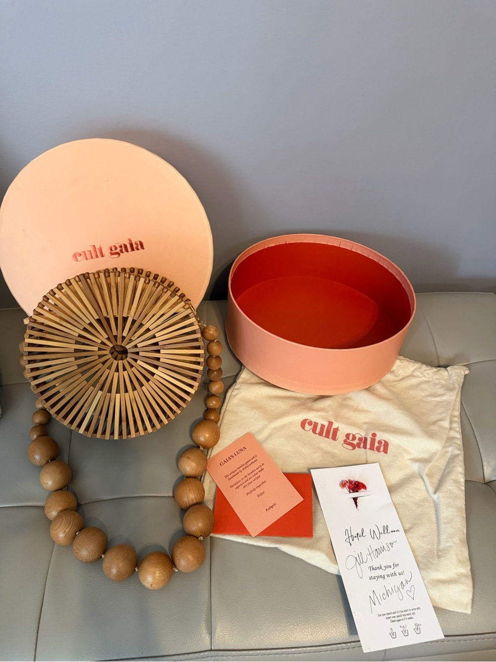 cult gaia Natural Bamboo Luna Circle Bag with Pink Peach Hatbox